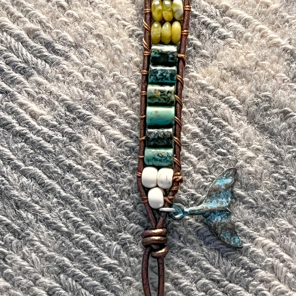 Patina Whale Tail Charm - Bronze Leather Wrap Bracelet, Turquoise & Serpentine